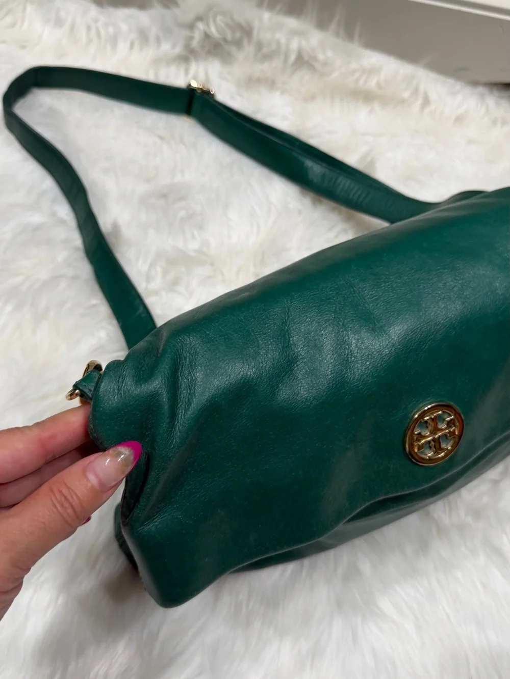 Tory Burch Emerald Green Leather Fold-Over Crossbody with Logo